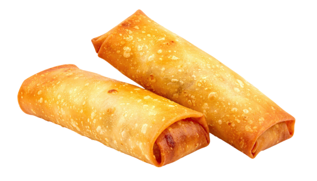 Two crispy, golden-brown filled rolls, likely an appetizer, sit isolated against black