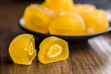 Japanese mochi dessert on wooden table.