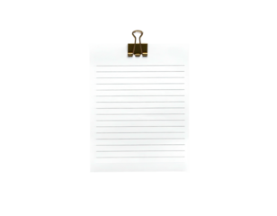 A blank lined paper sheet, clamped by a gold metal binder clip, against a black background