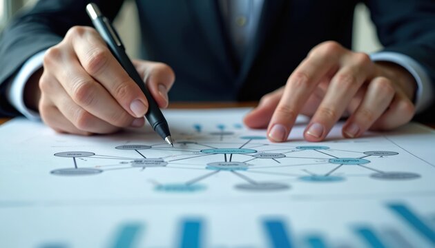 Person in suit points pen at diagram. Concept shows business data management. Graph shows statistics. Graphs show business data. Close up on hands in office over data chart shows expertise.