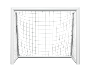 A straight-on view of an empty soccer goal with a white frame and a net in front of it