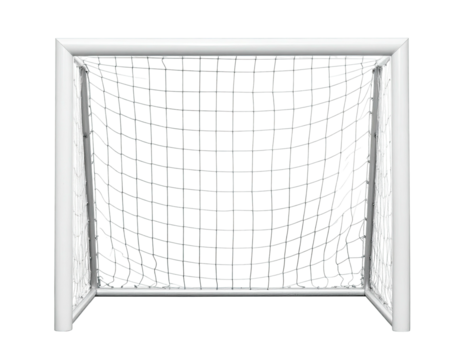 A straight-on view of an empty soccer goal with a white frame and a net in front of it