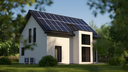 Obraz premium Modern eco friendly house with solar panels on roof surrounded by greenery
