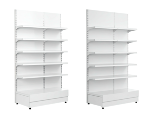 Two white empty retail shelves, side view, displaying empty product spaces, clean, and minimalist