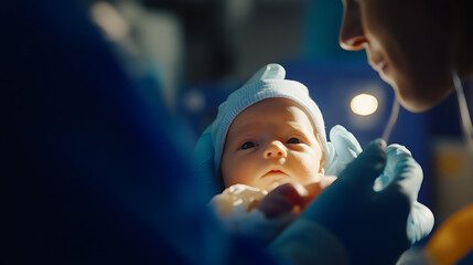 Newborn baby in medical care.  Infant is being held by a person wearing gloves. The baby is wearing a cap and has a curious expression.
