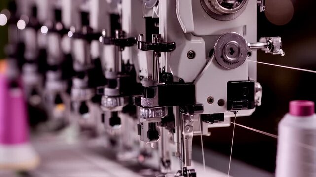 Serger threading process captured mid shot focusing on the tension knobs and thread paths while the operator and sewing space fade into the background.
