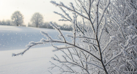 Fototapeta premium Vast Snowy Field Landscape with Frosty Branches in Foreground An expansive, bright winter landscape featuring a sweeping snow-covered field that gently slopes up 