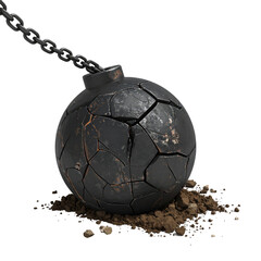 A cracked, dark iron wrecking ball suspended by a chain, resting on a small pile of dirt
