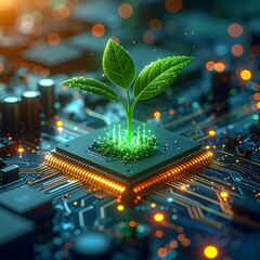 A vibrant sprout emerges from a computer chip, highlighting sustainable tech