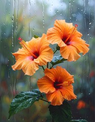 Three vibrant orange hibiscus flowers behind a windowpane covered in raindrops