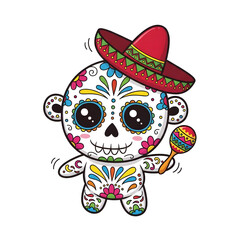 Fototapeta premium A cartoon sugar skull character wearing a sombrero and holding a maraca. The design is colorful and festive featuring floral patterns and traditional Day of the Dead elements on transparent background