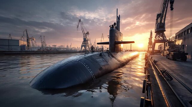 A Submarine is Docked at Sunset, Set Against a Striking Industrial Backdrop