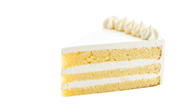 A layered, triangular cake slice with white frosting and decorative swirls on top