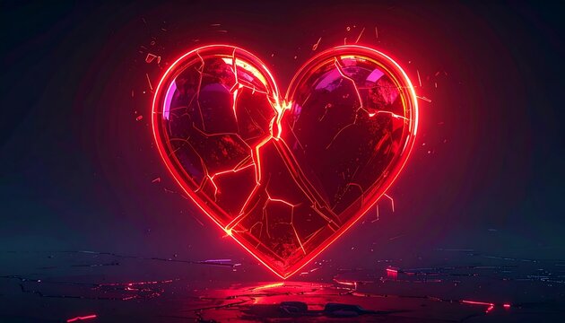 A fractured heart, glowing crimson red, set against a dark backdrop