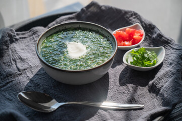 Traditional Russian lunch in a cafe. Top view of okroshka. 