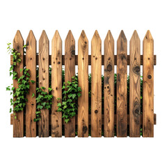 Weathered wooden fence with pointed tops, partly covered in green ivy, against a dark background