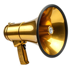 A glossy golden megaphone with black trim, isolated against a black background