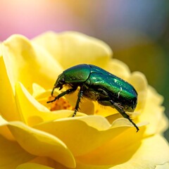 Fototapeta premium Close-up of a shiny beetle on a yellow rose