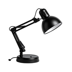 Black adjustable desk lamp with a rounded shade, cord, and articulated arm, isolated on black