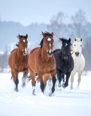 Four horses galloping across a snowy field (1)