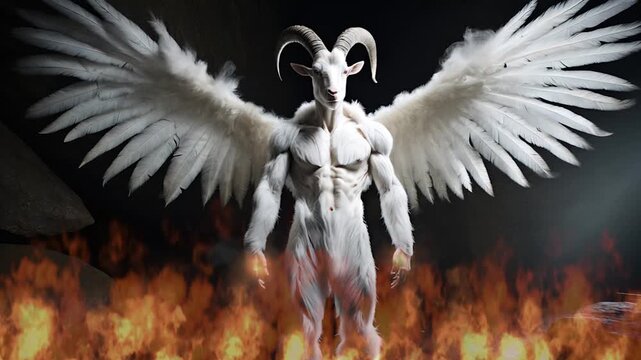 Humanoid goat man with large feathery wings. 
Goat headed cryptid with fiery hands. 
Demonic goatman cryptid in cave. Winged demon in cave with fire.  AI animation with 2d fire effects composite.