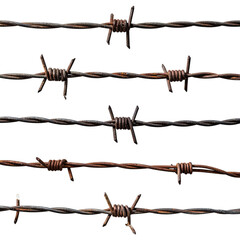 Close-up of several rusty barbed wire strands against a stark black background