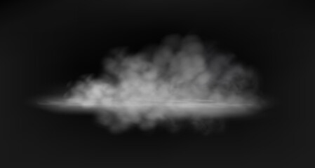 White smoke cloud with overlay effect on dark background. Realistic fog texture spreading along the floor. Atmospheric illustration of misty vapor or haze with dramatic light effect.