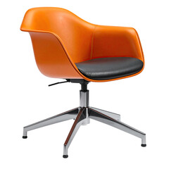 Modern orange chair with a black cushion, chrome base, and armrests, isolated on black
