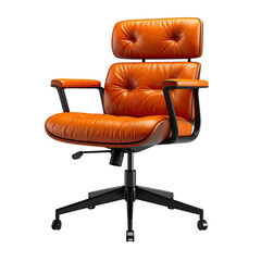 A stylish, tufted orange leather office chair with a high back and black metal frame