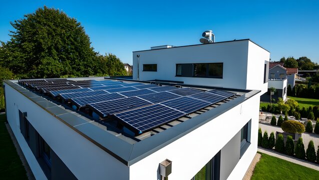 Modern house with flat roof covered in solar panels on a sunny day