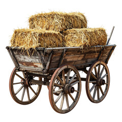 Rustic wooden cart laden with stacked hay bales, showcasing a rural, vintage aesthetic