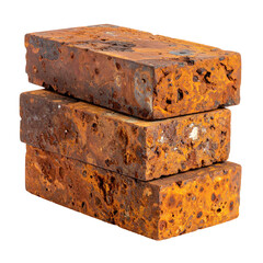 Stack of three rectangular, heavily rusted building bricks with porous surfaces