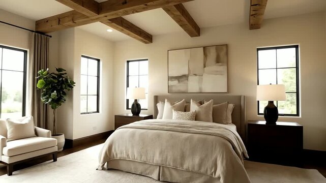 Slow pan of a modern luxury primary bedroom with exposed wooden beams and neutral decor