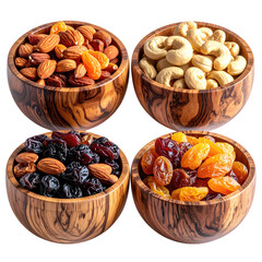 Four wooden bowls containing assorted nuts and dried fruits arranged symmetrically against black