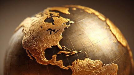 A gold colored globe with a map of the world on it. The globe is sitting on a table