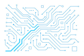 Abstract circuit board graphic illustrating digital data flow and processing, transparent background promoting modern technology