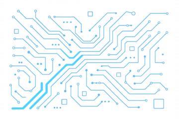 Abstract circuit board graphic illustrating digital data flow and processing, transparent background promoting modern technology