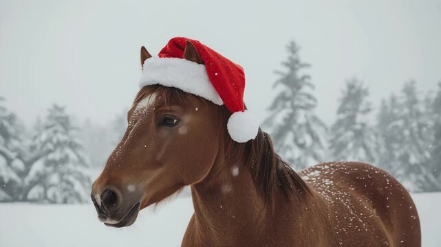 horse in winter, A horse wearing a Santa hat to celebrate Christmas.