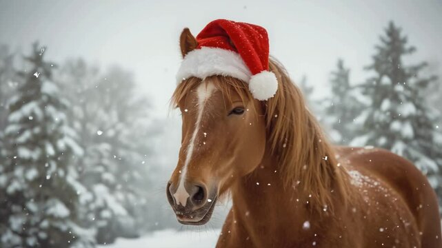 horse in winter, A horse wearing a Santa hat to celebrate Christmas.