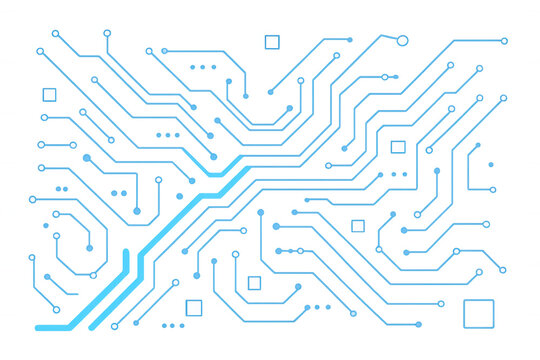 Abstract circuit board graphic illustrating digital data flow and processing, transparent background promoting modern technology