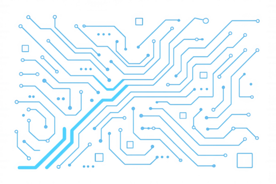 Abstract circuit board graphic illustrating digital data flow and processing, transparent background promoting modern technology - Powered by Adobe