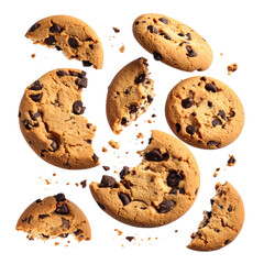 Several levitating golden-brown cookies with chocolate chips and crumbs, on a black background