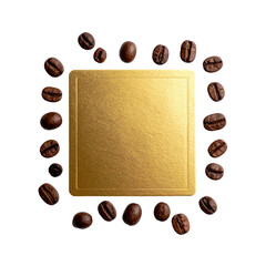 Gold square surrounded by roasted coffee beans on black. Overhead view, isolated, close up