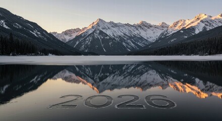 2020 Inscribed on Frozen Lake with Mountain Reflection, Winter Landscape