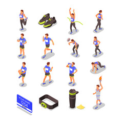Healthy lifestyle and fitness isometric icons featuring athletes, running, and sports equipment, celebrating achievement