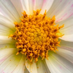 Close-up of a delicate white flower's center.  A vibrant yellow disc-shaped core is surrounded by many small, textured petals.  Soft, pastel pink hues are visible around the perimeter