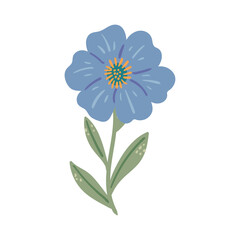 Simple Blue Flower Illustration with Green Stems and Leaves on a White Background