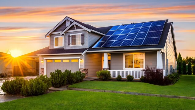 Modern suburban house with solar panels on the roof at sunset - Powered by Adobe