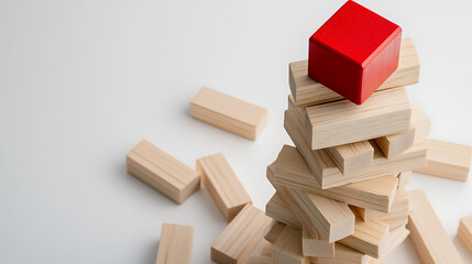 Tower of wooden blocks with one red block at the top, symbolizing leadership, uniqueness, and standing out from the crowd, conceptual image.