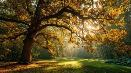 Obraz premium A large tree with a lot of leaves is in a field. The sun is shining on the tree, making it look very beautiful